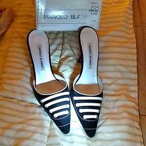 Manolo Blahnik  black suede, white shoe lace  mules